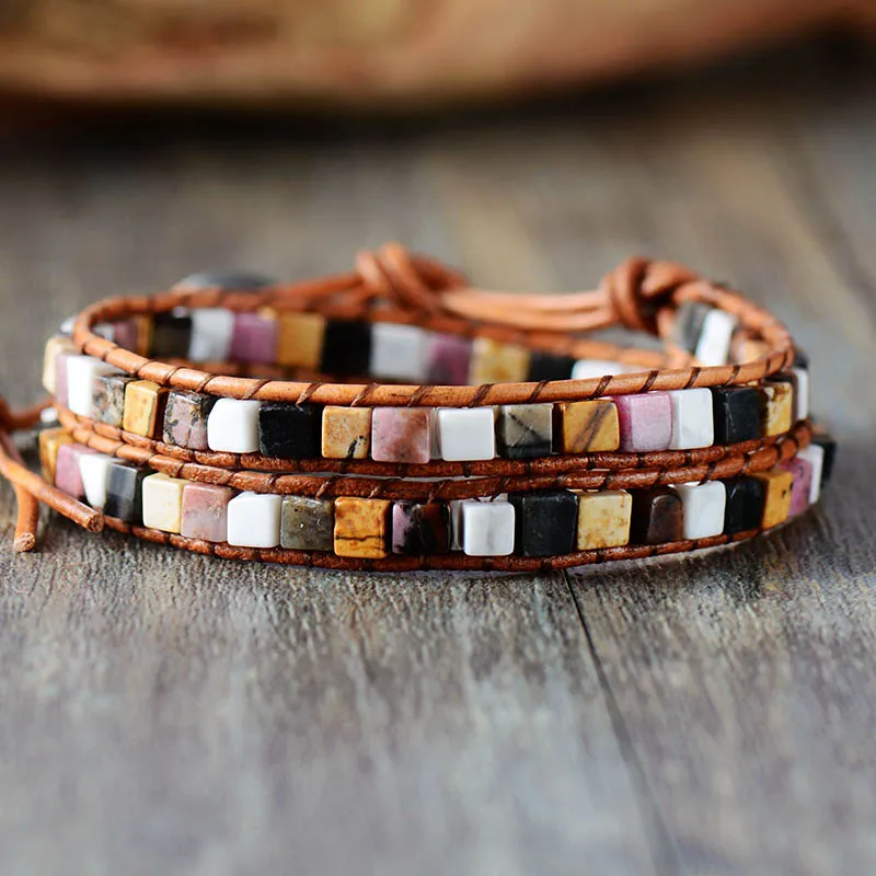 Women Leather Bracelets High End Mix Natural Stones 2 Strands Wrap Bracelets Vintage Weaving Bead Bracelet Dropshipping - Image 3