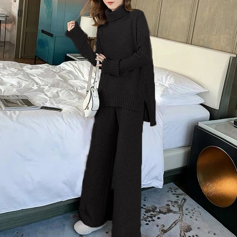 JXMYY sweater set women tracksuit spring autumn knitted suits 2 piece set warm turtleneck sweater pullovers wide legs pants JXMYY sweater set women tracksuit spring autumn knitted suits 2 piece set warm turtleneck sweater pullovers wide legs pants