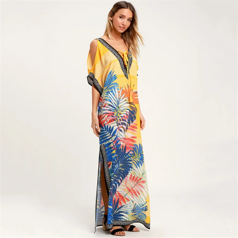 Бикини-накидка, длинное, желтое, с цветочным рисунком, Boho, макси, Robe De Plage, Пляжное Платье, v-образный вырез, саронг, купальник, платья, парео, De Плайя Mujer