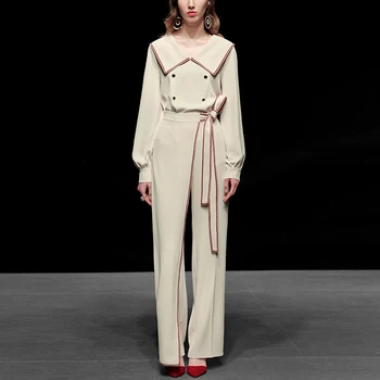 

Seifrmann Fashion Runway Summer Pants Casual Suits Women Lantern Sleeve Double Breasted Drawstring Top＋Long Pant 2 Two Piece Set
