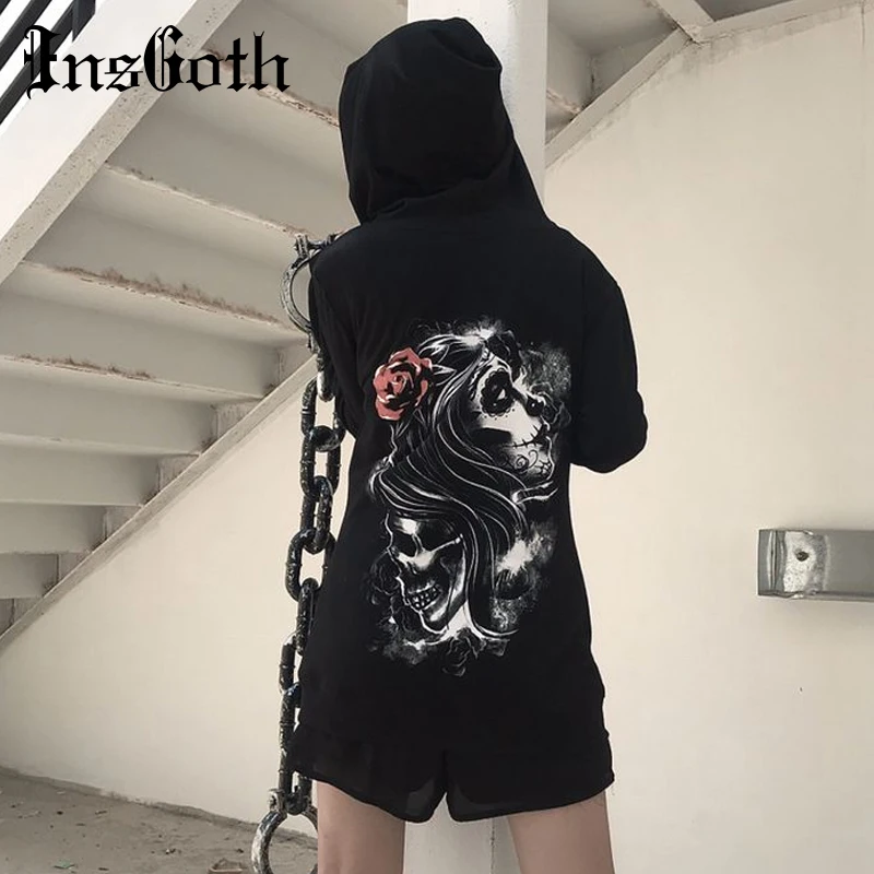 Discount  InsGoth Black Skull Printed Sweatshirts Women Hoodie Gothic Streetwear Halloween Hoodies Harajuku A