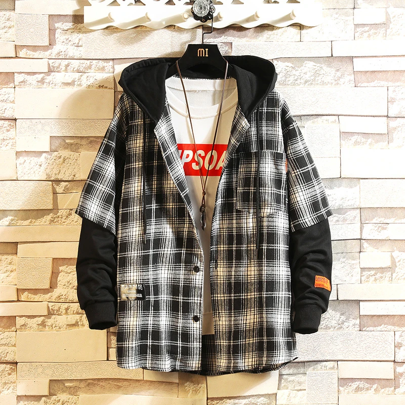 

HIP HOP Streetwear Casual Plaid Shirt Men Long Sleeve High Quality 2020 Loose With Hooded
