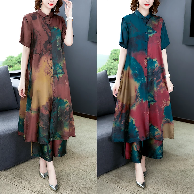 

2019 Summer Casual Print Slik Women Two Piece Set O Neck Button Long Irregular Shirt With Elastic Waist Wide Leg Pants Sets