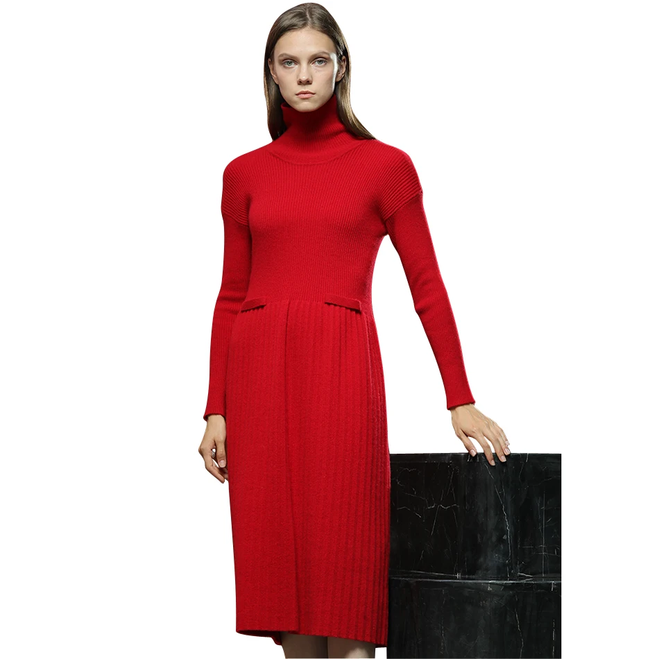 RONGFANGZI Inner Mongolian Cashmere Dress Pleated One Piece Women Turtleneck Dropped Shoulder Winter Thick 12 Gauge Knit Slava