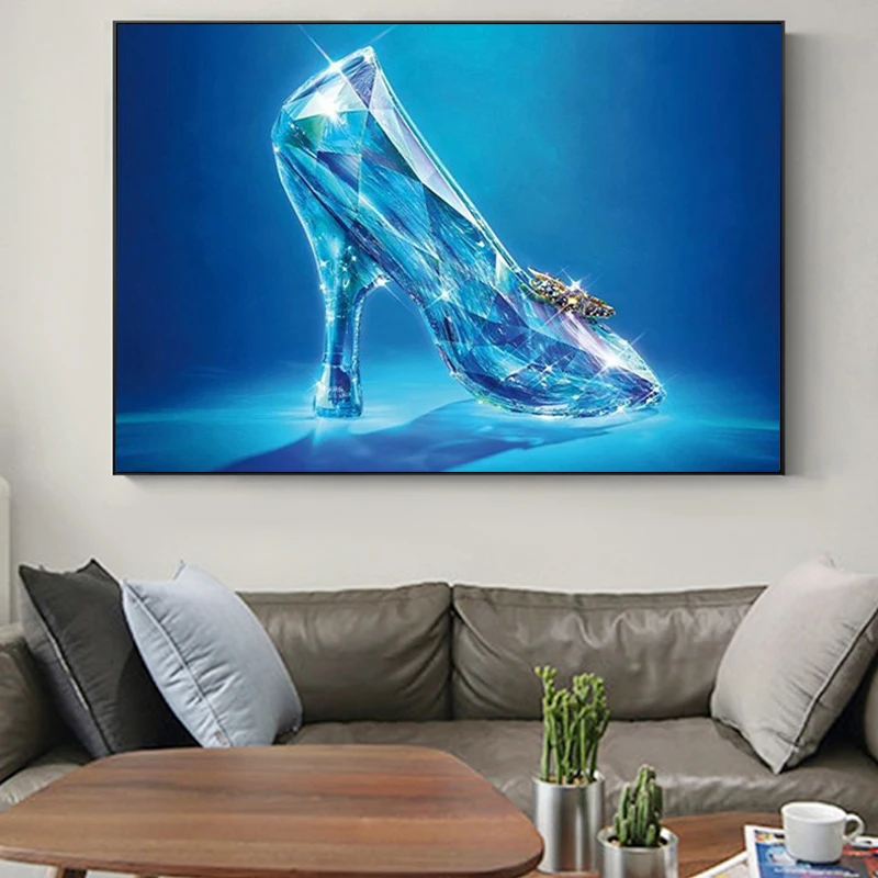 Zapatilla de cristal de Cenicienta de Disney, pintura en lienzo, arte de  pared, póster de zapatos de tacón alto de cristal azul para decoración de  sala de estar _ - AliExpress Mobile