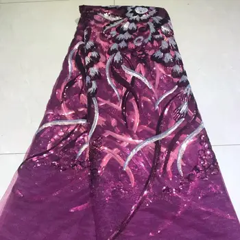 

2019 Upscale African Net Champagne Sequins Lace Tissu High Quality French Tulle Lace Wedding Nigeria fabric 5 Yard Purple