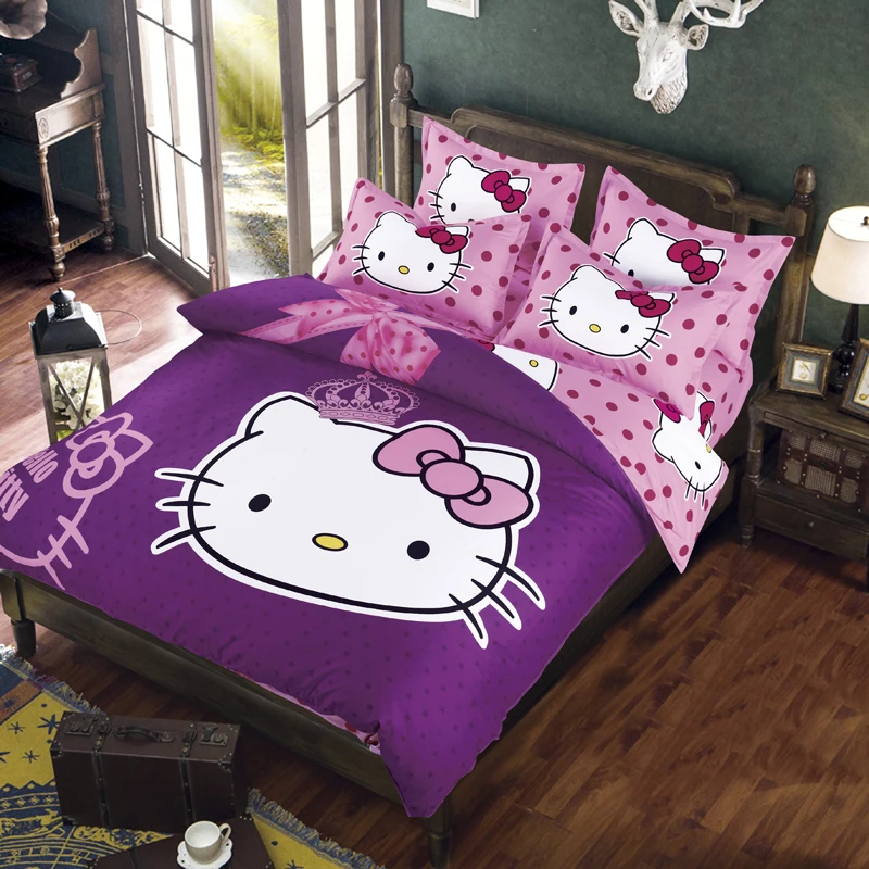 Hello kitty, хлопковый комплект постельного белья для детей, мультяшное постельное белье, Ститч, Doraemon, пододеяльник, комплекты, простыня, наволочка, Твин, полный размер, королева - Цвет: Фиолетовый