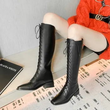 

Cross Tied leather Shoes Woman Women Knee High Boots Autumn Winter Warm Riding Boots Square Toe Ladies High Boots