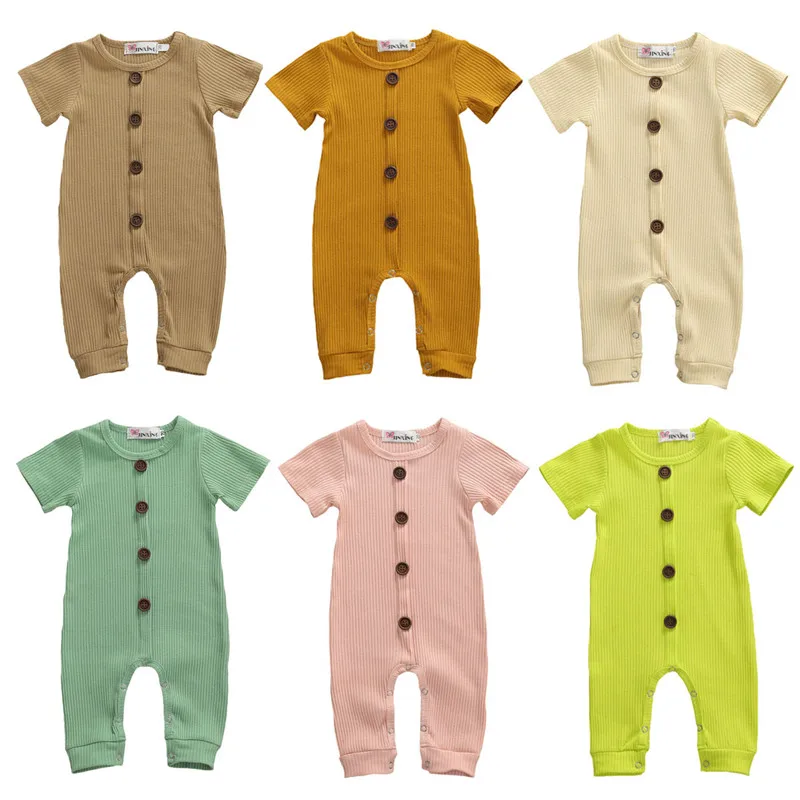 

2020 New Summer Rib-Knitted Baby Romper Newborn Infant Baby Boys Girl Short Sleeve Soft Cotton Clothes Solid Jumpsuit Playsuit