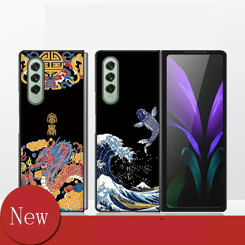 Fold Funda Case para Samsung Galaxy z Fold z Fold Pintado Peixe Gato Guindaste Dragão Couro do Plutônio Capa de Telefone Proteção z
