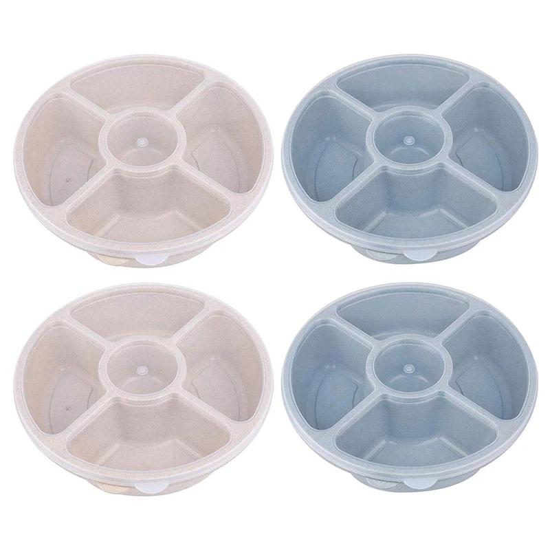 

4 Pack Serving Trays with Lid - 4 Compartment Round Wheat Straw Candy and Nut Serving Container, Food Storage - Divided