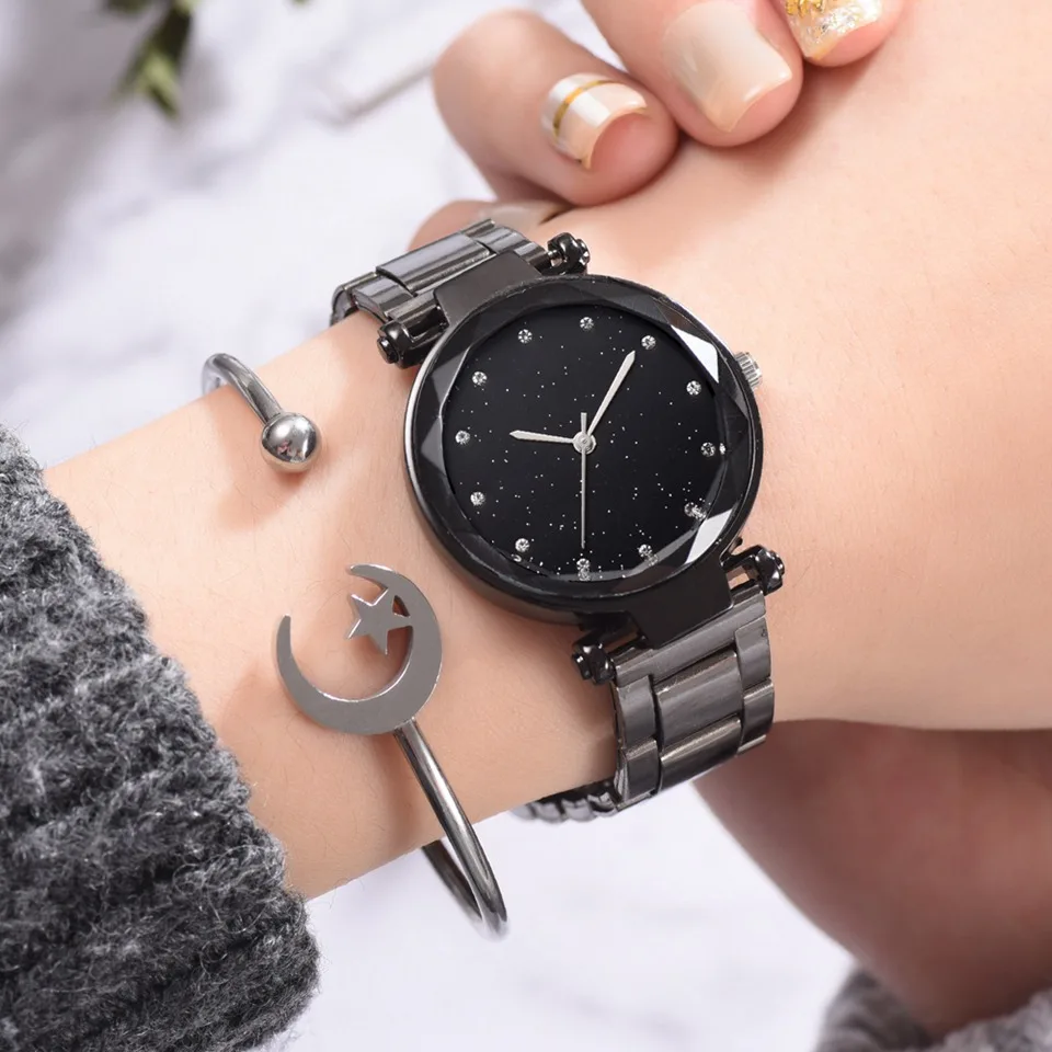 Look To The Moon And Stars Sparkly Wrap Bracelet Watch in Black – Feshionn  IOBI