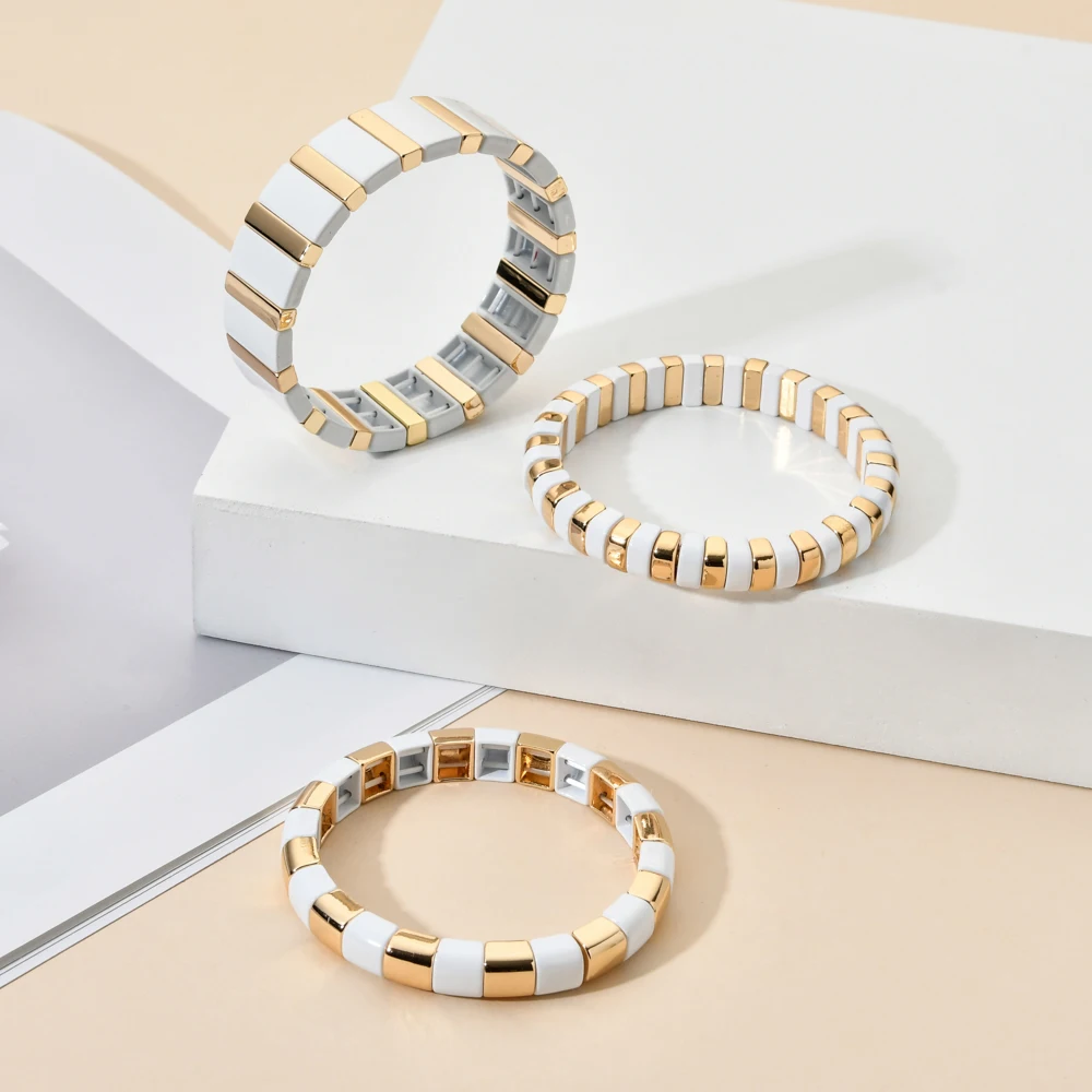 Enamel Metal Bohemian Tile Bracelet Stackable Stretch Bracelets Men Women Bracelet Jewelry