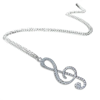 

Crystal Chain Necklace Pendant Treble Clef Music Note Long Necklace for women Silver