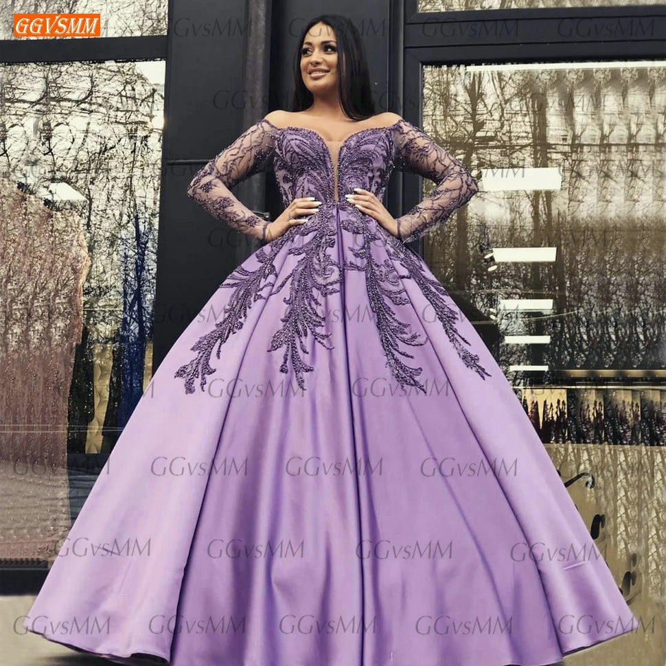 Lilac Purple Beaded Prom Dresses Long Sleeves 2021 Vestido De Fiesta Largo  Satin Women Party Gowns Customized Vestidos Formales|Prom Dresses| -  AliExpress