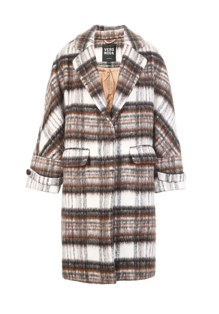 Vero Moda зимнее длинное шерстяное пальто в клетку с воротником с лацканами | 318327507