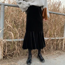 Mooirue зимние винтажные длинные юбки из плюша женские трубы Harajuku Ретро Уличная корейский стиль низ Высокая талия черные юбки