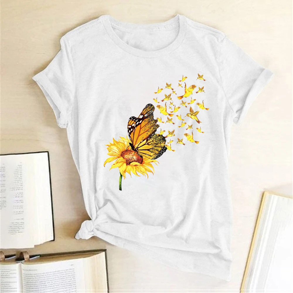 Womens Round Neck Tshirts Cute Butterfly Sunflower Printing Vacation Casual Tops Summer Graphic Tees for Teen Girls