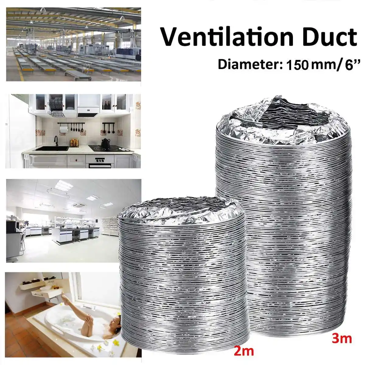 4inch 3/2 Meter Length 100mm PVC Fresh Air System Flexible Aluminum Exhaust Duct Pipe Air Ventilation Pipe Hose for Bathroom