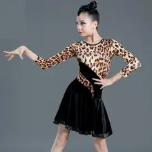Новое Детское платье для латинских танцев для девочек, с открытой спиной, со средним рукавом, в леопардовую полоску, стандартные платья для бальных танцев, танго, сальсы