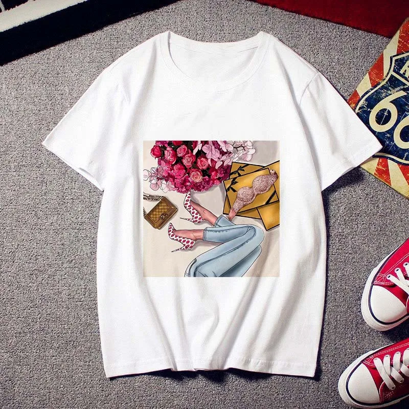 

Fashion High heels printed Women T shirt Tees Tops clothing New Summer t-shirt Harajuku personality Thin section tshirt female