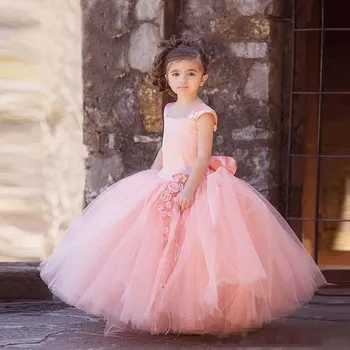 

Pink Puffy Tulle Flower Girls Dresses Square Neck Big Bow Sash Kids Pageant Party Gowns First Communion Dress Custom Made