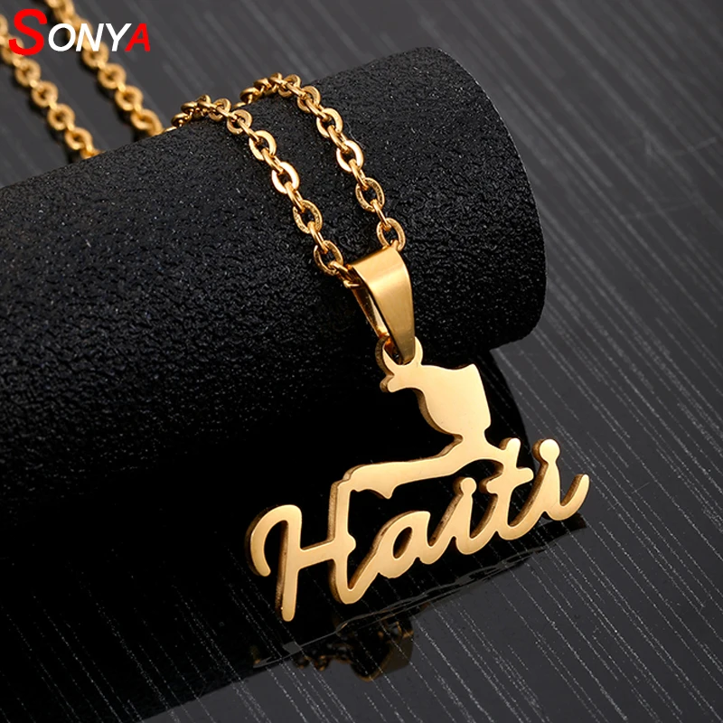 SONYA Stainless Steel HAITI Map Pendant Necklaces for Women Girls Lover's Engagement Jewellery Gold Color Jewelry Gifts | Украшения и