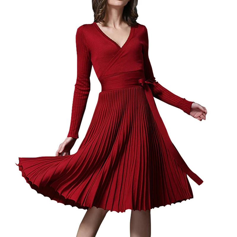 Women's Knitted Pleated Vneck Midi Dress High Waist Bowtie Lace Up