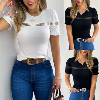 

Fashion Women Summer T-Shirts Hollow Out Design O-Neck Ruffles Sleeve Solid Color Slim Casual Pullovers Top