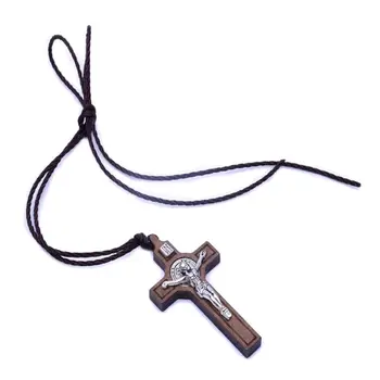 

Jesus Cross Necklace Wood Metal Pendant Jewelry Men Womens Catholic Religious
