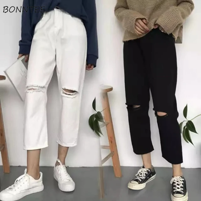 US $11.08 Jeans Women Spring Summer Trendy Simple Korean Style All-match Solid Hole Soft High Waist Streetwea