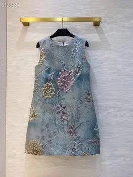 

Autumn Women Dress 2020 casual Fashion Jacquard Streetwear O-Neck Sleeveless A-Line Dresses Light Blue Mini dress ladies clothes