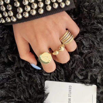 

HUANZHI 2020 New Multi-layer Irregular Bump Glossy Wide Version Hit Color Lozenge Metal Ring For Women Girls Party Jewelry Gifts