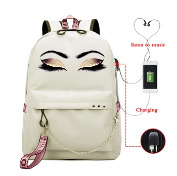 

2020 School Bag Usb Girls Teenager School Backpack Shoulder Bag Beauty 90s Aesthetic Eyelashes Prints Women Backpack Bag Mochila