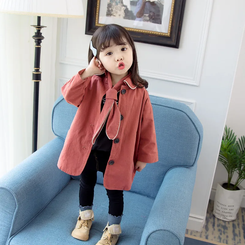 

2019 Kids' Coat South Korea Girls Spring And Autumn Mid-length Single-Breasted Trench Coat Send Bowtie Europe And America Overco