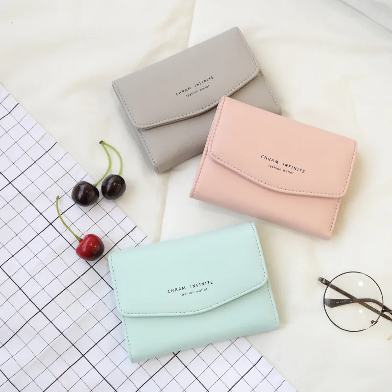 

2019 Cross Border New Style Women's Wallet Korean-style Short Three Fold Wallet Simple Buckle Leather Wallet Students Purse