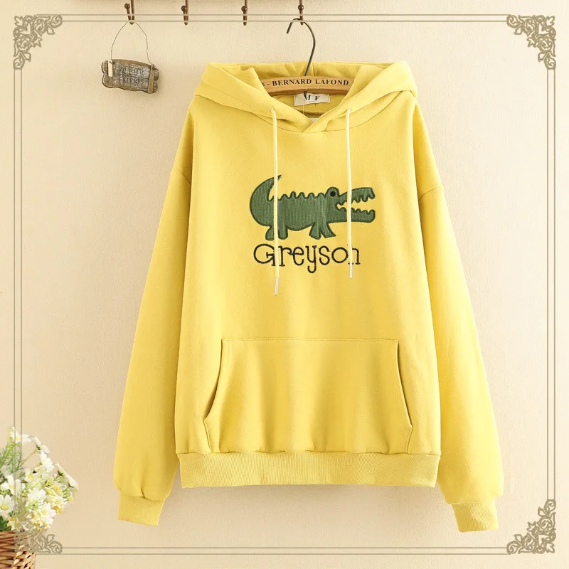 Yellow Женская толстовка с капюшоном, Вельветовая, свободная, осенняя, новинка, динозавр, нашивка, мультфильм, длинный рукав, толстовка, пуловер, топы, женская одежда - Цвет: Yellow