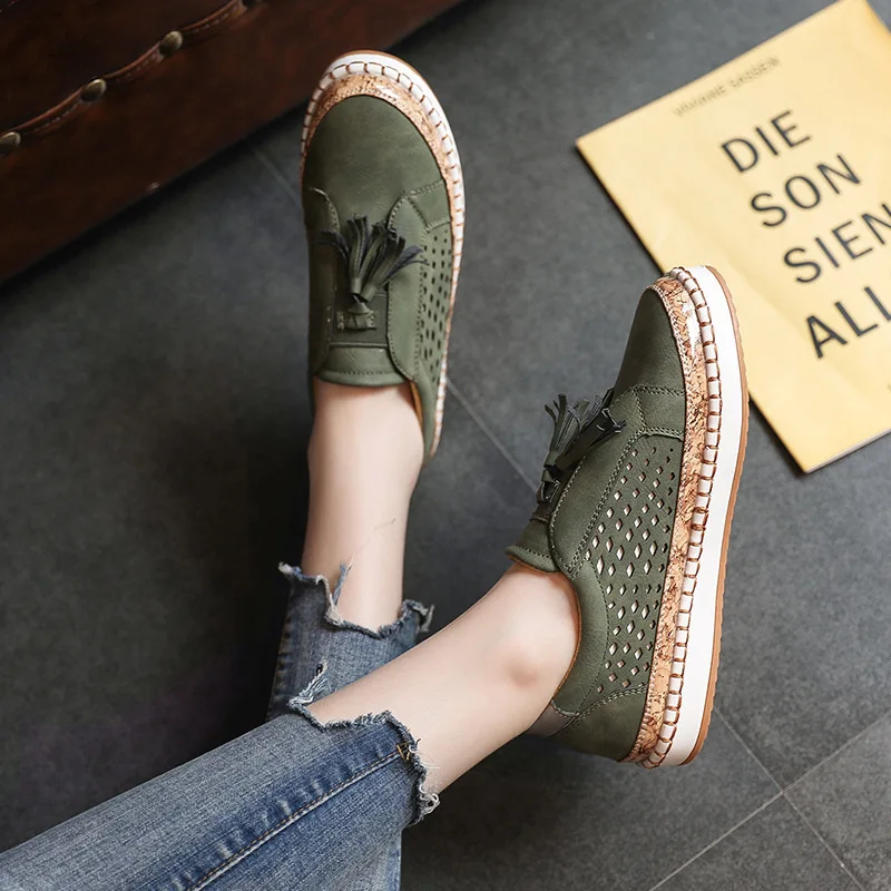 

2019 Autumn New Style Hollow out Breathable Loafers Tassels Flat Casual Shoes Slip-on Europe And America Large Size WOMEN'S Shoe