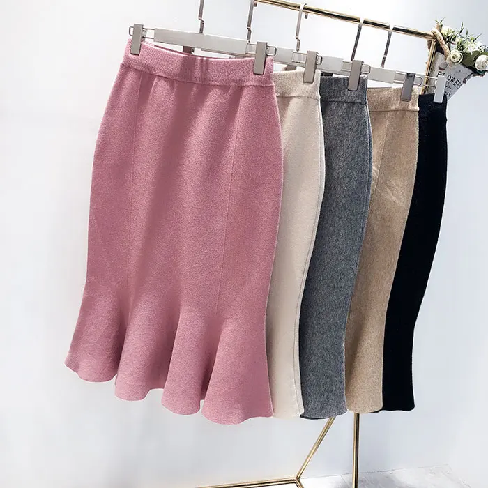 

vintage flexible stretch high waisted ruffle fish tail warm thermal knitted skirt for women pink black grey beige womens skirts