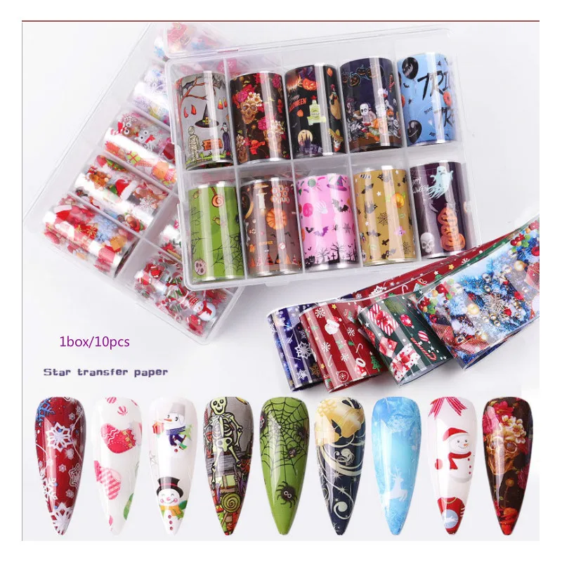 

1 Box 10 Pcs Halloween Transfer Foil Adhesive Paper Nail Stickers Nail Accessories Decoration Christmas Starry Sky Paper 4*120cm