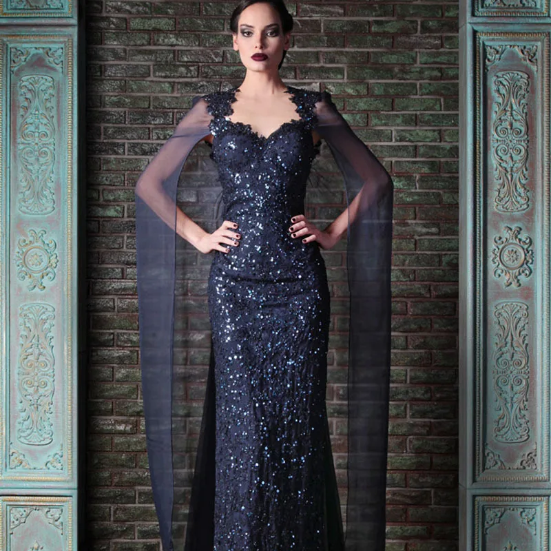 

Charming Nancy Ajram Navy Blue Sweetheart Appliqued Beaded Bling Bling Sequin Lace Prom with Cape mother of the bride dresses