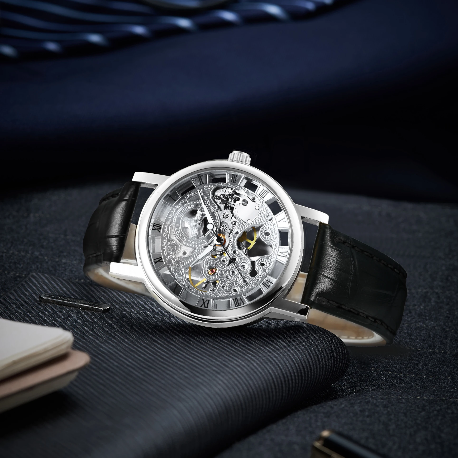 Winner Transparent Golden Case Skeleton Watch for Men Leather Strap Mens Watches Top Brand Luxury Mechanical Clock часы мужские