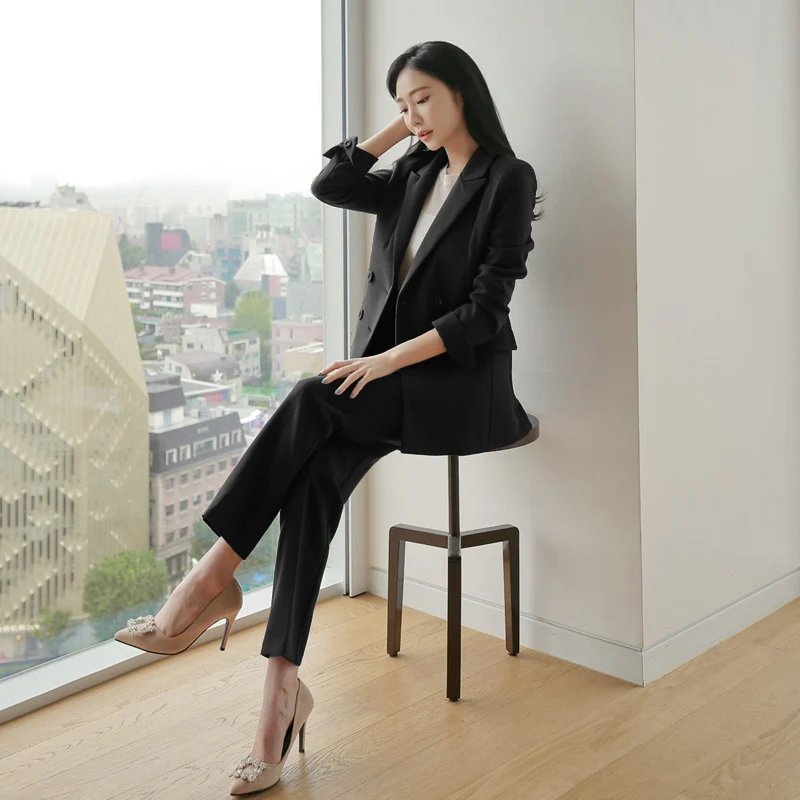 Новые черные профессиональные женские костюмы Зимняя мода тонкий офисный комбинезон Высокое качество Женская куртка повседневные брюки