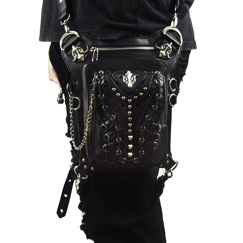 Винтажная поясная сумка с заклепками ретро сумка для хранения ног мужская женская сумка через плечо готическая Черная Кожа стимпанк панк сумки - Цвет: Black