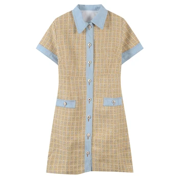 

2020 Summer Denim Patchwork Knitted Dress Women Elegant Buttons Blue Jeans Dresses Striped Plaid Vestidos Ladies Beach Dress