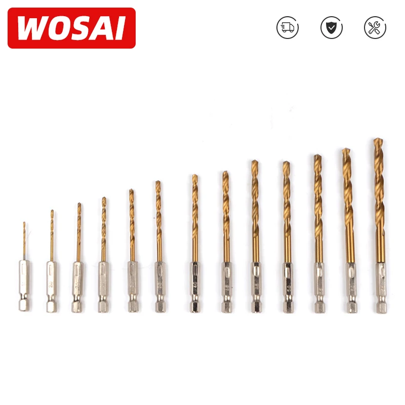 

WOSAI 13pcs/set HSS High Speed Steel Titanium Coated Drill Bit Set 1/4 Hex Shank 1.5-6.5mm Electric Drill Twist Drill Bit