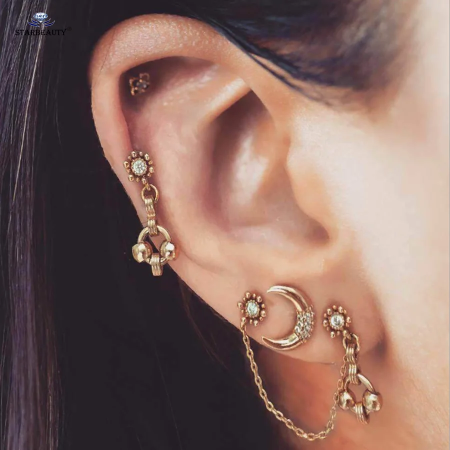 

Starbeauty 3 pcs/lot Gold Color Crystal Moon Tassel Ear Piercing Jewelry Chain Helix Piercing oreille Dangle Fake Earrings set