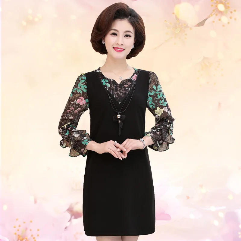 

Middle-aged Mom Spring And Autumn Long-sleeved Dress Forty-Year-Old Middle-aged WOMEN'S Apparels Mid-length Nobility Elegant ove