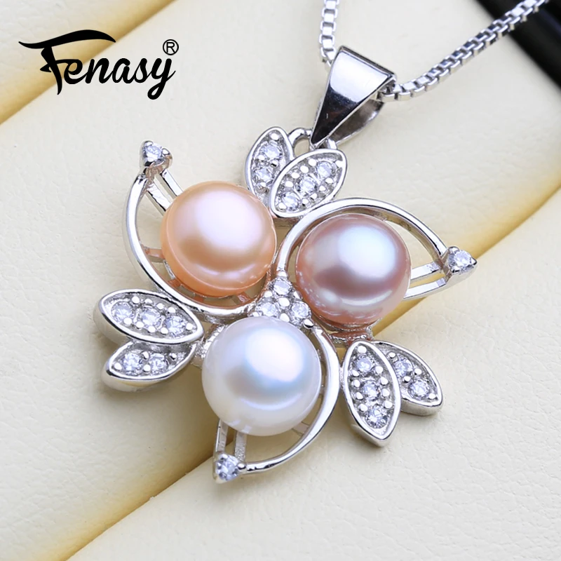 

FENASY Natural Freshwater Pearl Pendant Necklace For Women Bohemian 925 Sterling Silver Flower Pendant With Three Color Pearl