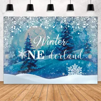 

Winter Onederland 1st Birthday Backdrop Party Decoration Boy Girl Snowflake Blue Photography Background Photo Studio Props Vinyl